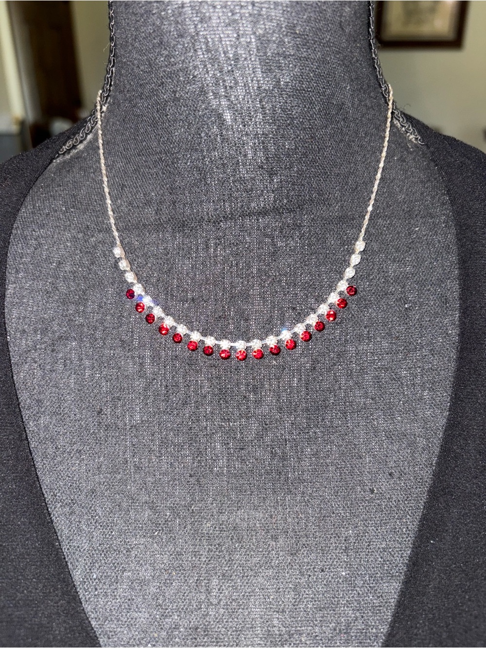 Silver tone Necklace with Red and Clear Crystals 8 1/2 inches